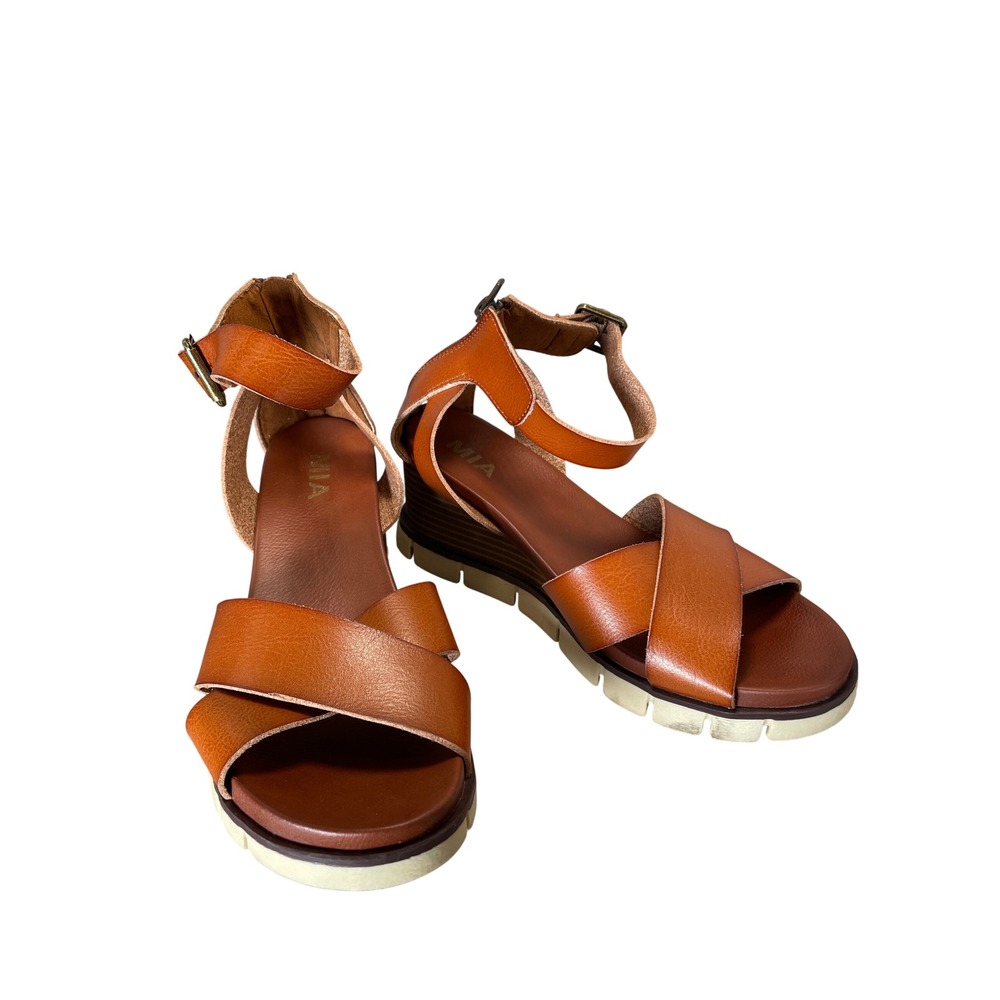 MIA Lauri Cognac Brown Ankle Strap Wedge Sandals MH0021A Size 9